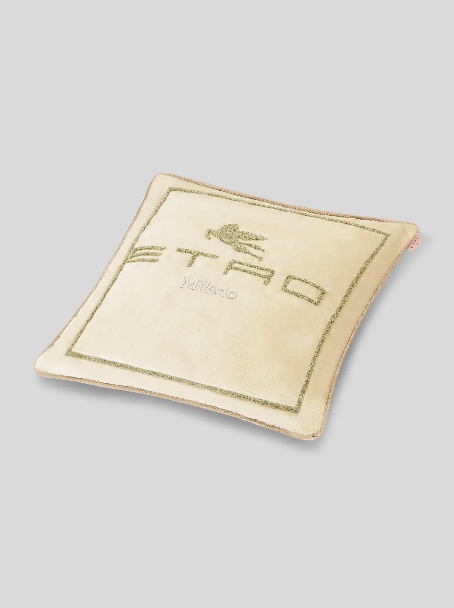 Cuscino ibeige in cotone e lana con pegaso e logo Etro ricamati