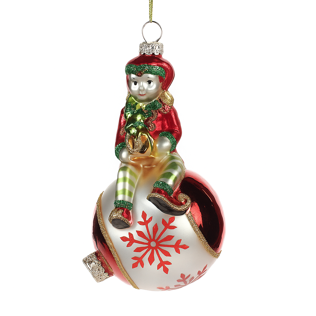 Elfo su palla di Natale in vetro 14CM