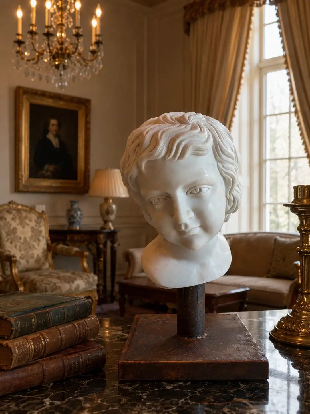 Busto Scultoreo Classico in marmo di un bambino in Stile Antico 38cm