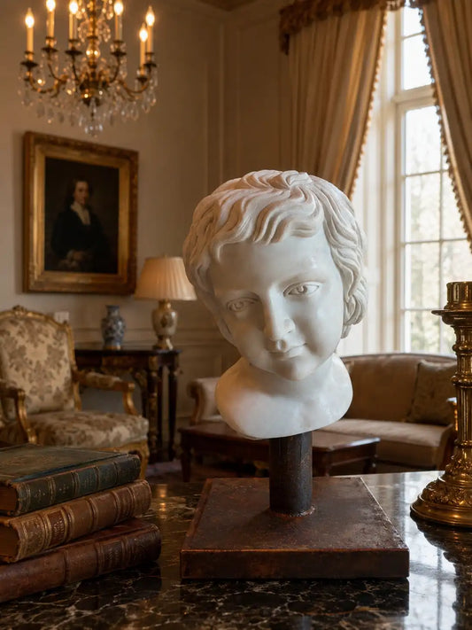 Busto Scultoreo Classico in marmo di un bambino in Stile Antico 38cm