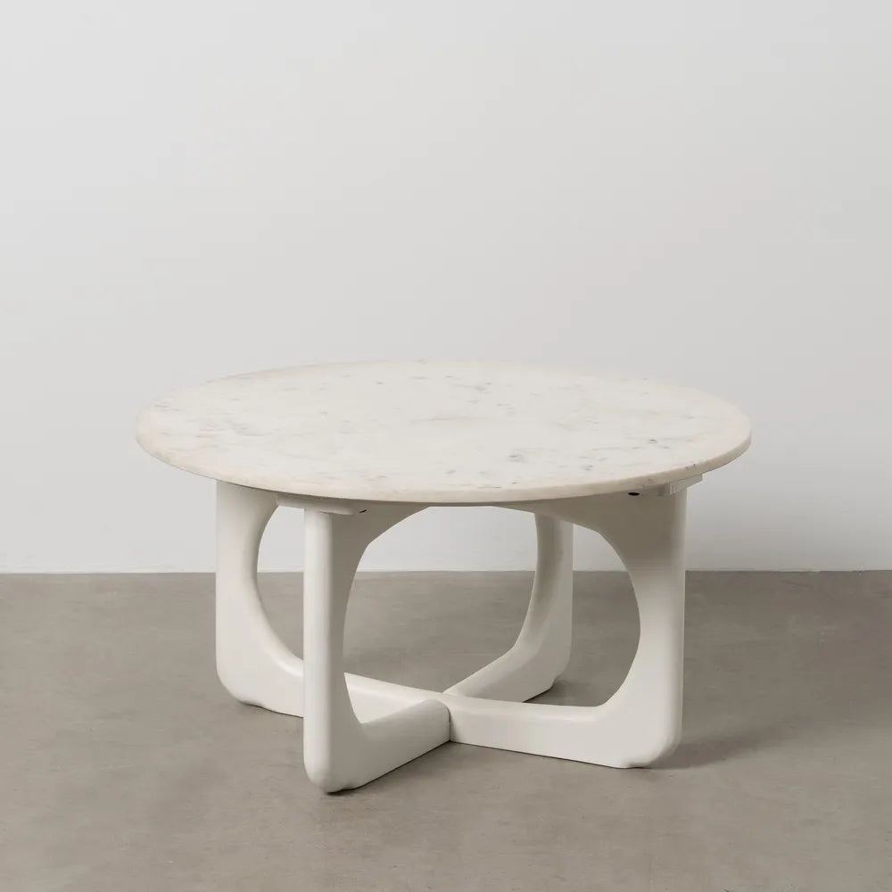 Tavolino rotondo in marmo bianco e legno di mango in stile moderno,diametro 75x40h