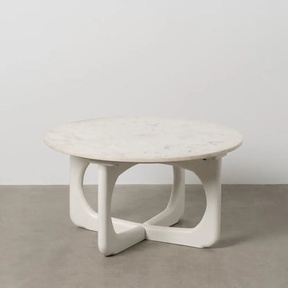 Tavolino rotondo in marmo bianco e legno di mango in stile moderno,diametro 75x40h