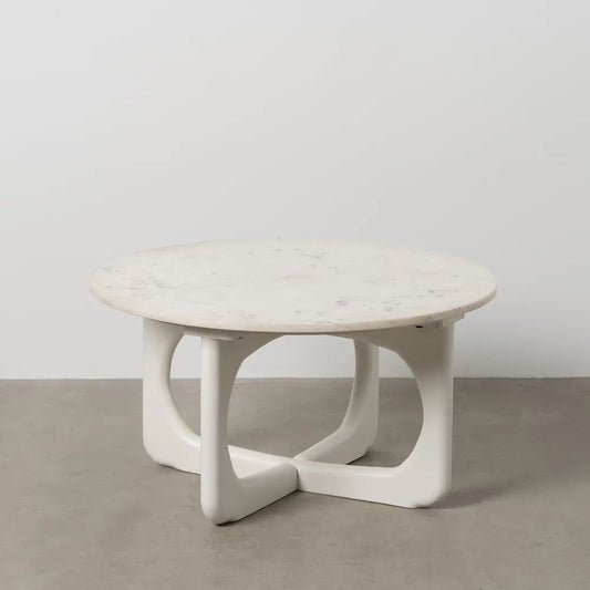 Tavolino rotondo in marmo bianco e legno di mango in stile moderno,diametro 75x40h