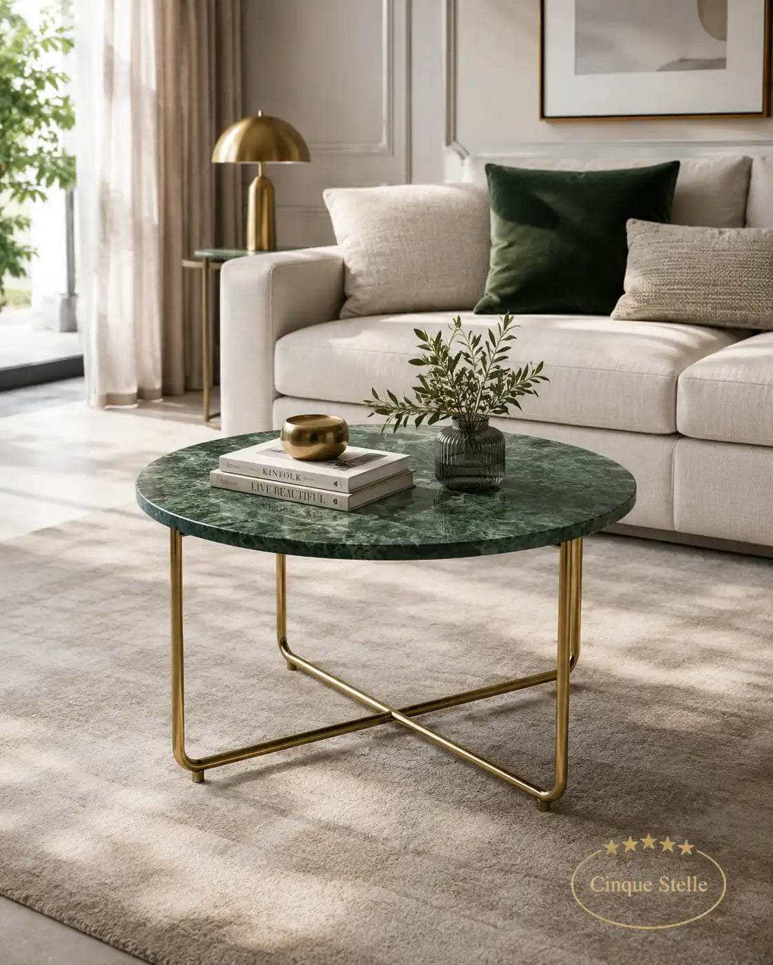 Tavolino in marmo verde e metallo oro dm-80cm/45cm altezza