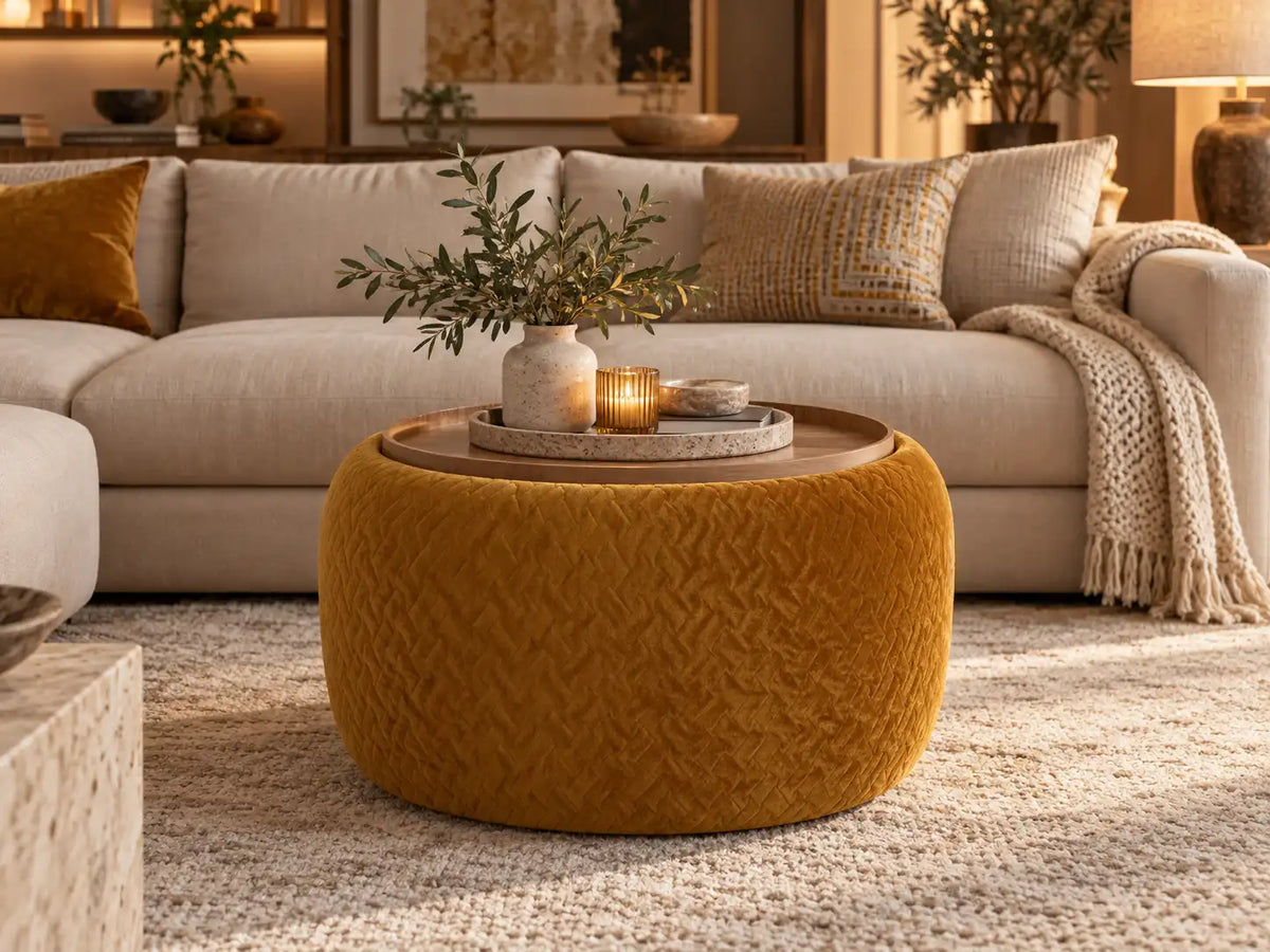 Pouf contenitore con vassoio girevole