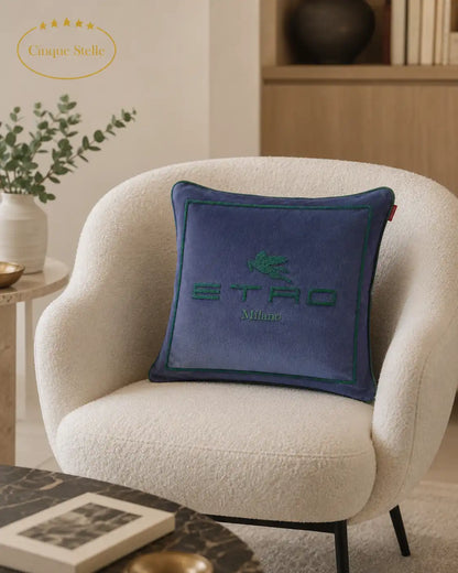 Cuscino blw navy in cotone e lana con pegaso e logo Etro ricamati