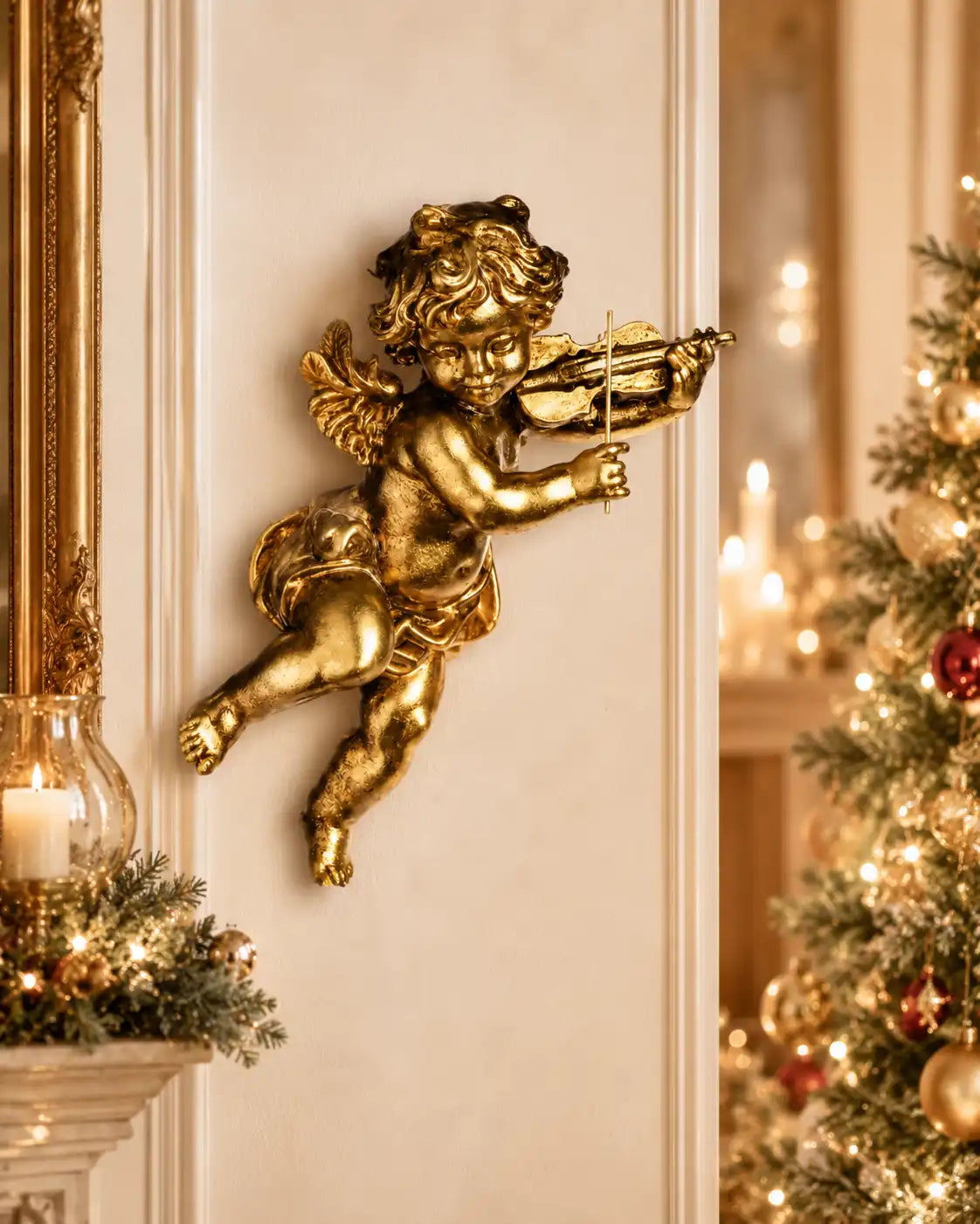 Angelo decorativo dorato con violino da parete 27cm