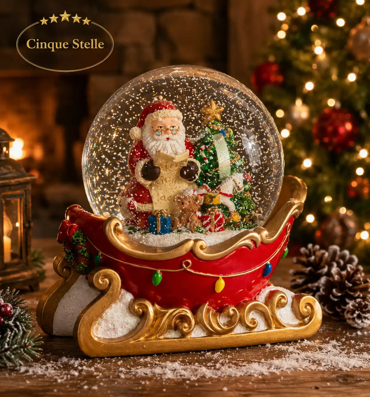 Globo di neve da tavolo con Babbo Natale sulla slitta musicale 17 cm