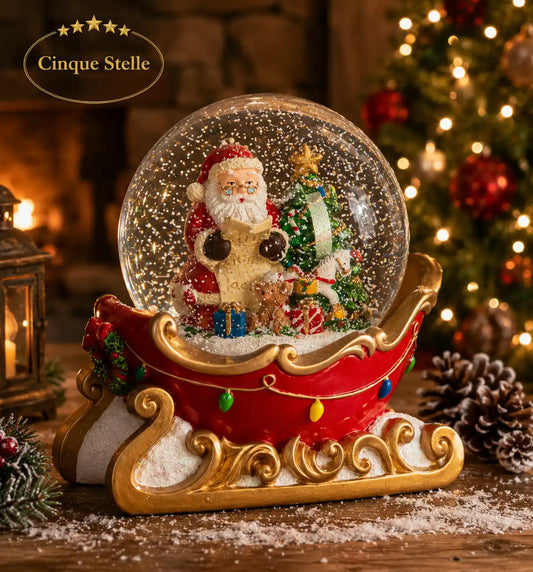 Globo di neve da tavolo con Babbo Natale sulla slitta musicale 17 cm