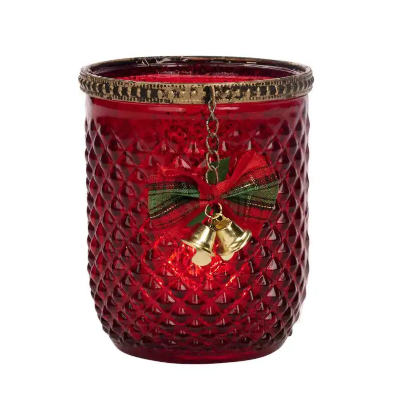 Portacandele natalizio in vetro rosso lavorato 11,5cm