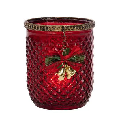 Portacandele natalizio in vetro rosso lavorato 11,5cm
