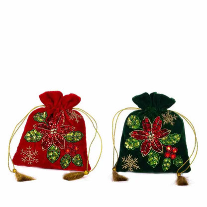 POUCH VELV.SEQ.POINSETTIA TT ASS/2 RD/GRN 18CM