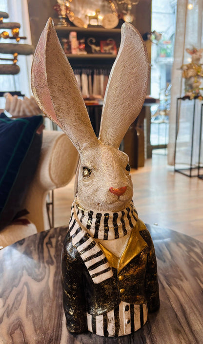 Coniglio pasquale con frac e sciarpa, oro e nero, 40 cm