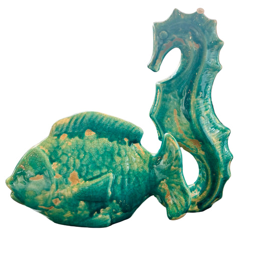 Coppia Statuetta decorativa in ceramica a forma di cavalluccio marino e pesce