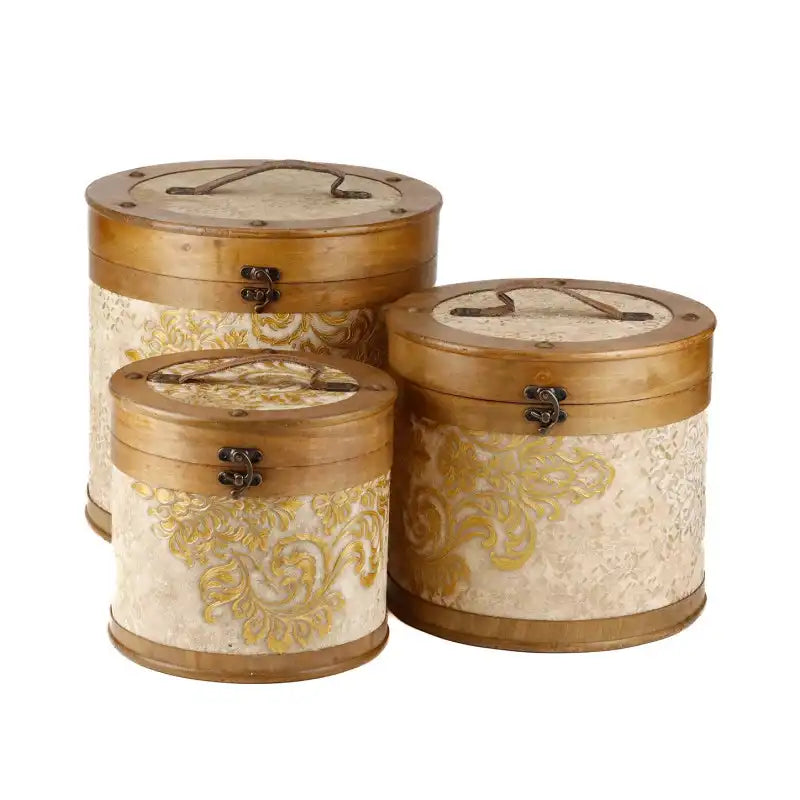 Set cappeliera contenitore in legno di acanto a spirale crema e oro SET/3 35/30/25