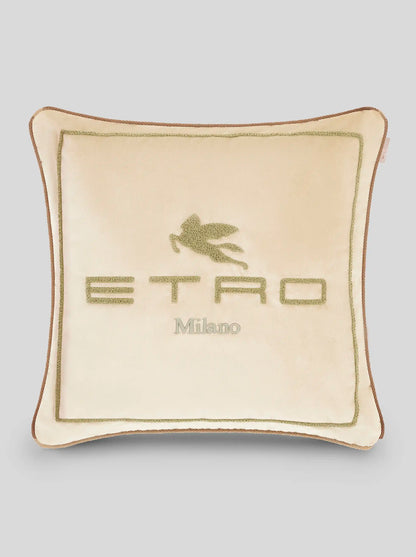 Cuscino ibeige in cotone e lana con pegaso e logo Etro ricamati