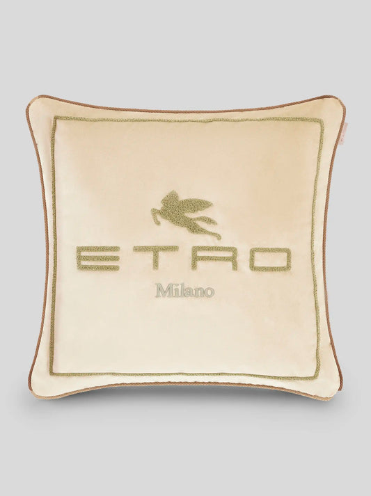 Cuscino ibeige in cotone e lana con pegaso e logo Etro ricamati