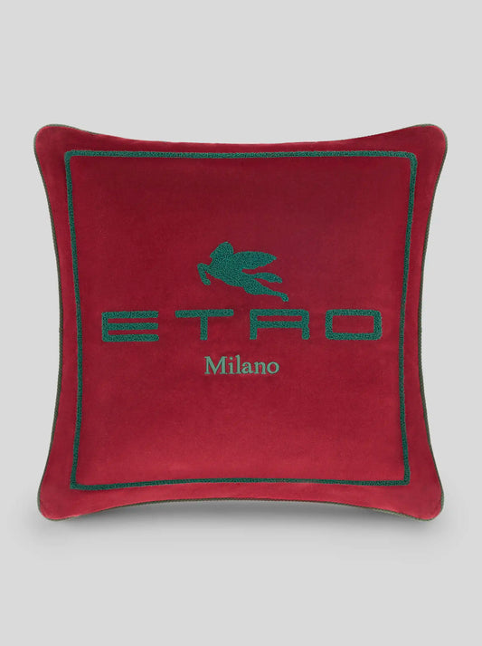 Cuscino rosso in cotone e lana con pegaso e logo Etro ricamati