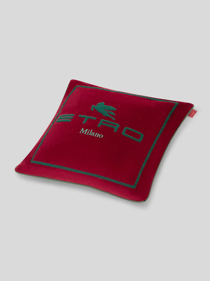 Cuscino rosso in cotone e lana con pegaso e logo Etro ricamati
