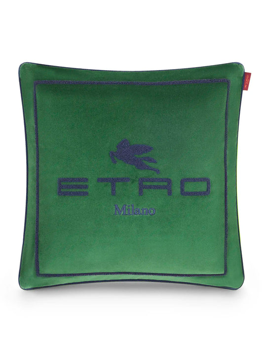 Cuscino verde in cotone e lana con pegaso e logo Etro ricamati