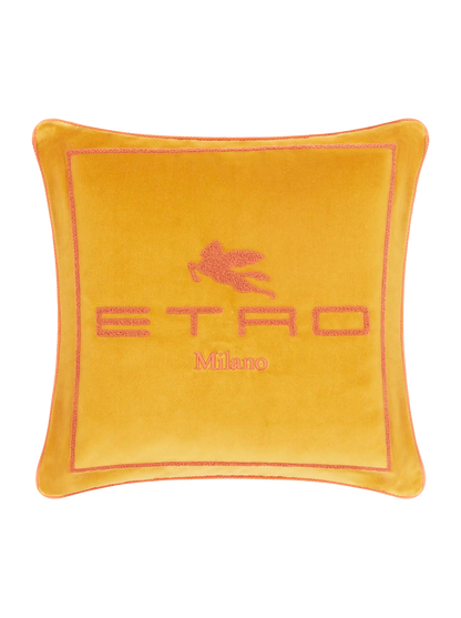 Cuscino giallo in cotone e lana con pegaso e logo Etro ricamati