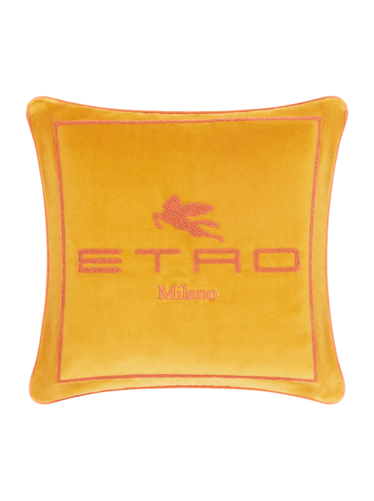 Cuscino giallo in cotone e lana con pegaso e logo Etro ricamati