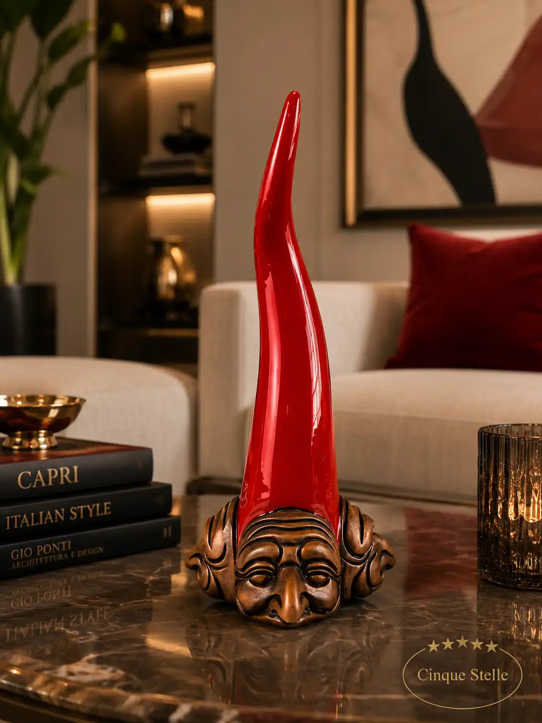 Corno Portafortuna Tre Facce in Terracotta Rosso h 25