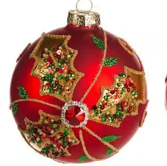 Decoro Natalizie in Vetro Rosso Ø12 cm con Agrifoglio Gioiello