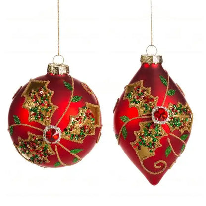Decoro Natalizie in Vetro Rosso Ø12 cm con Agrifoglio Gioiello