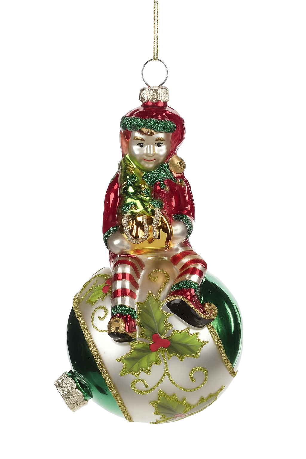 Elfo su palla di Natale in vetro 14CM