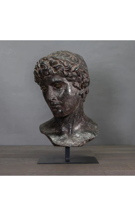 Scultura del volto di Apollo su supporto in metallo nero 40cm